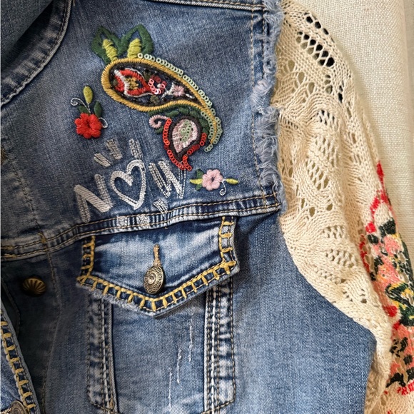 Desigual Pakaian Jadi Wanita Denim Jacket with Knit Sleeves Floral Embroidery 36 - Picture 7 of 8